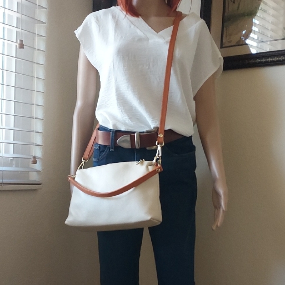 Valentina Genuine Leather Cream and Tan Crossbody Bag; Made In Italy